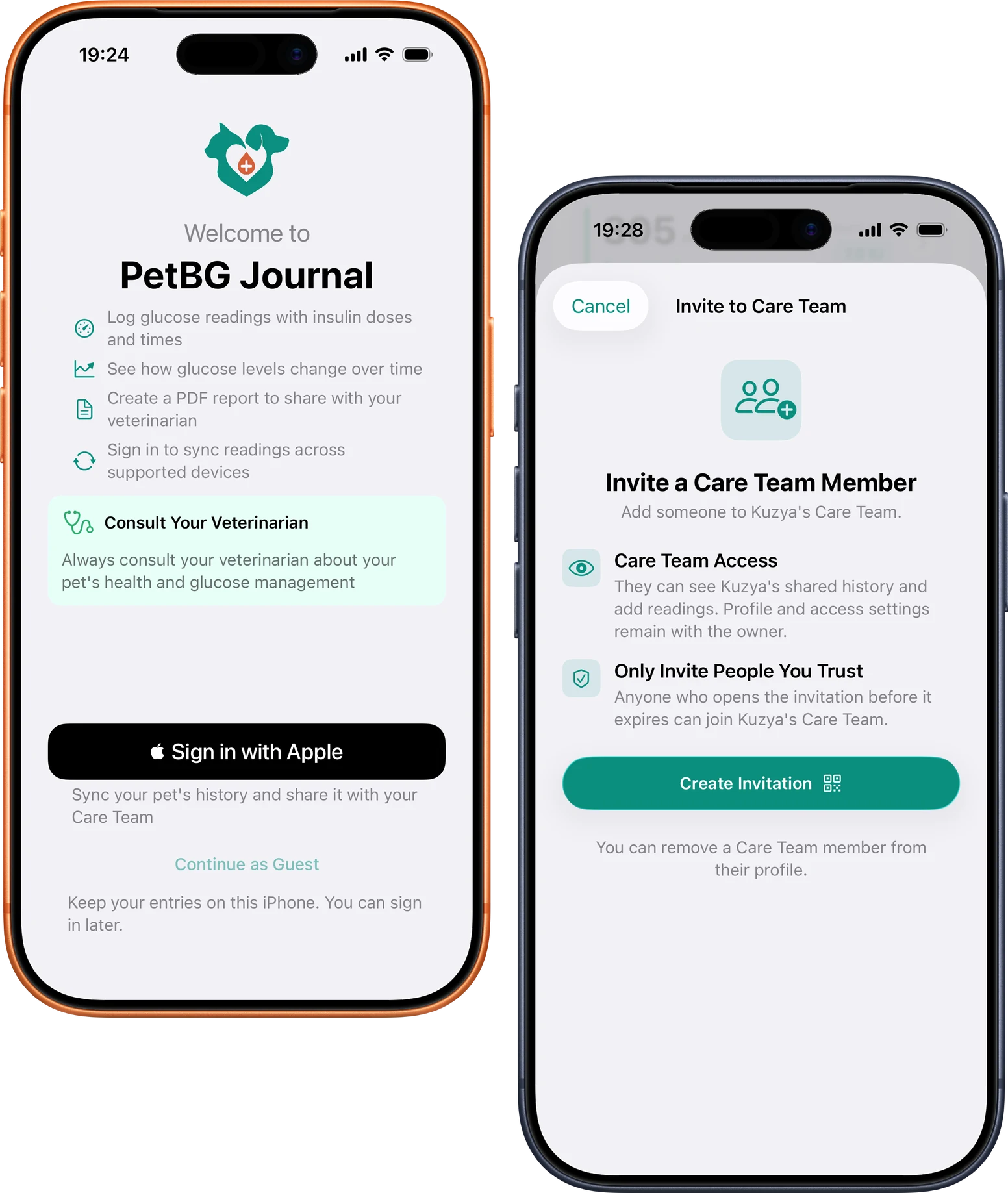 Anastasia sees PetBG's first-launch screen while Philipp reviews what a Care Team invitation shares