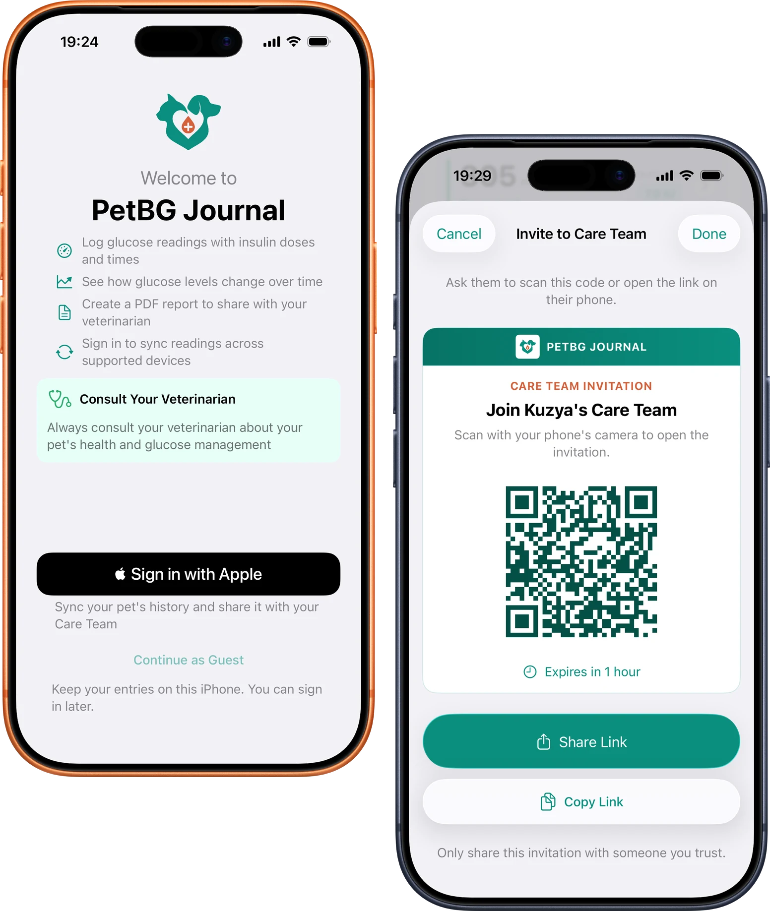 Anastasia sees PetBG's first-launch screen while Philipp displays a diabetic cat's sharing QR