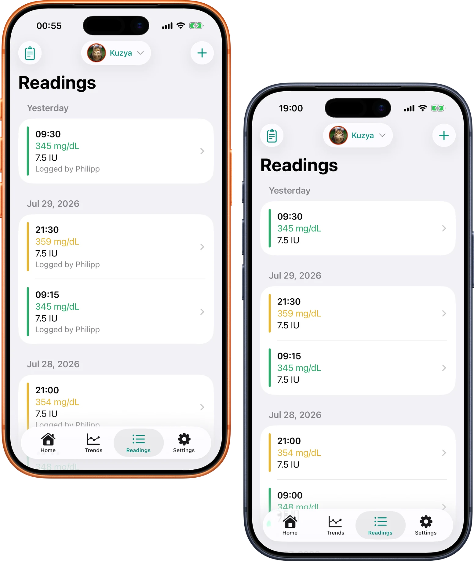 Two phones show identical reading history for a diabetic cat before the new mid-day measurement