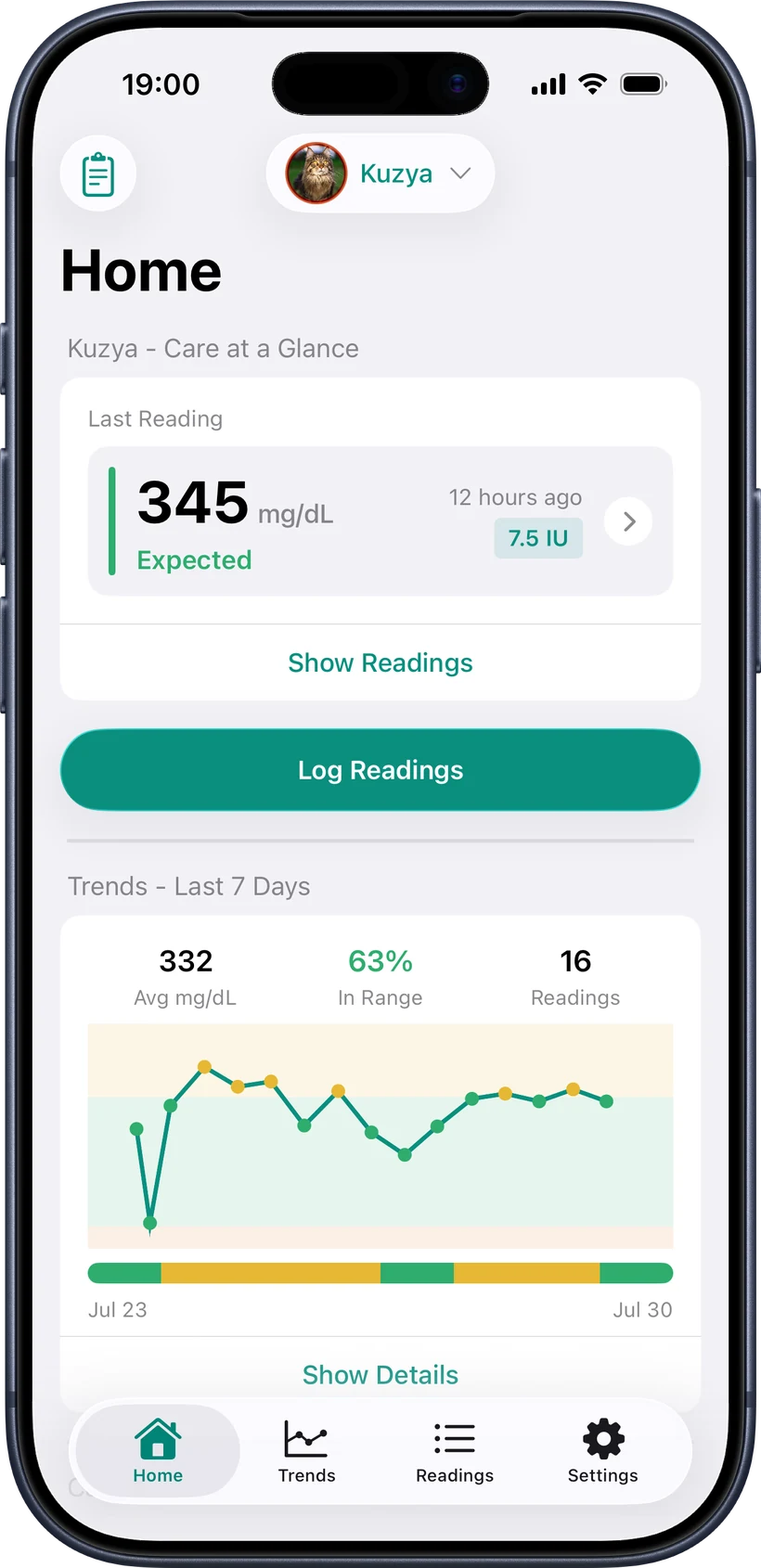 PetBG home screen for a diabetic cat showing the latest glucose reading and seven-day trend